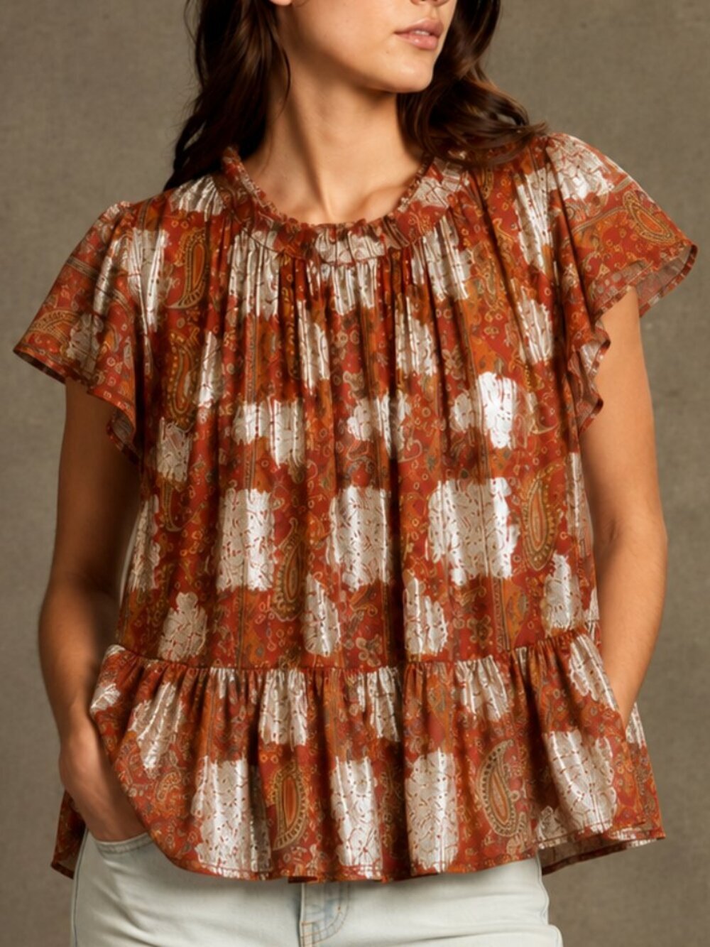 Anthropologie Let Me Be Vanna Shimmer Paisley Mock Neck Blouse Top SZ 12 Boho